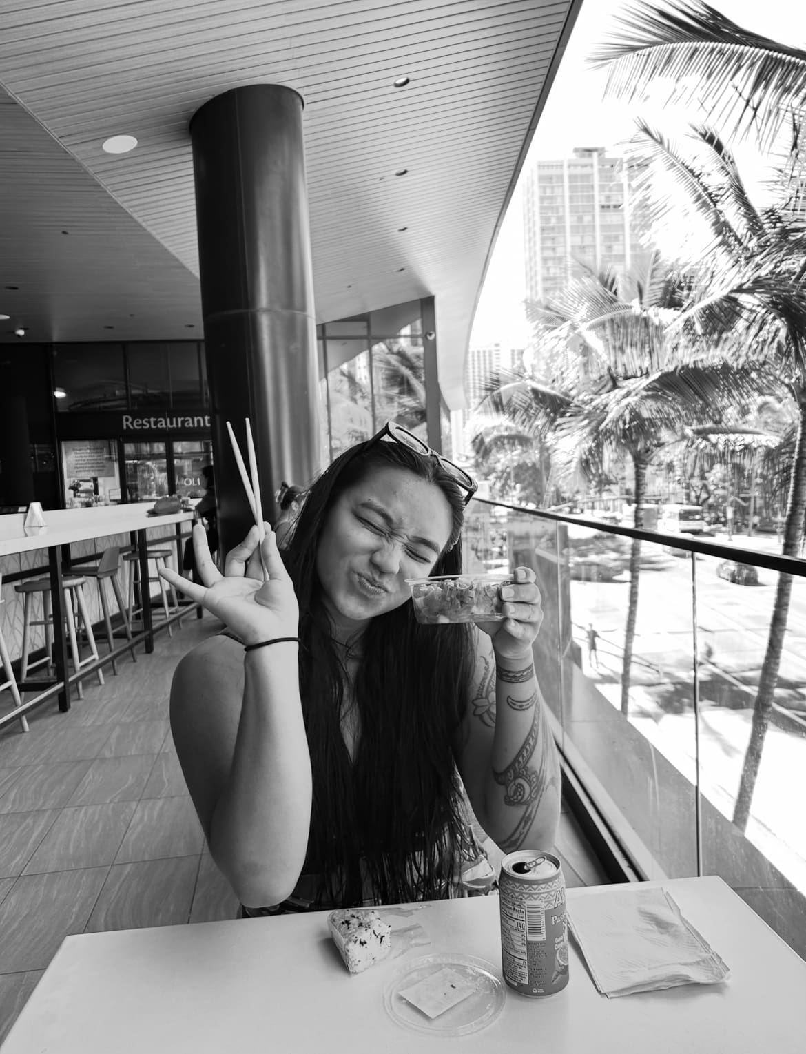 black and white photo eating poke